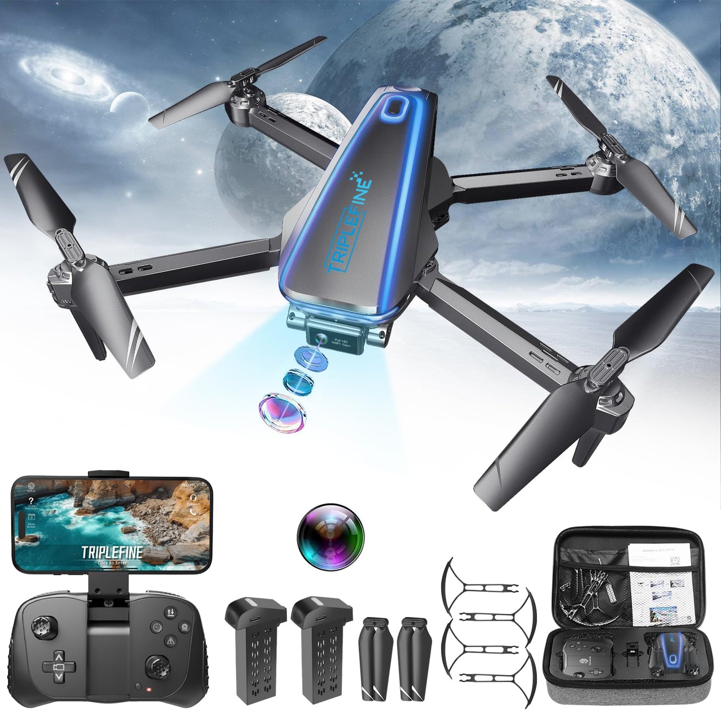 TRIPLEFINE TF770 Drone-with-Camera 1080P, 2 Batteries 25 Mins Flight Time, Kids-Drone Gestures Selfie, Voice Control, One Key Off/Land, 3D Flips, Drones-for-Kids 8-12, Adults, Beginners