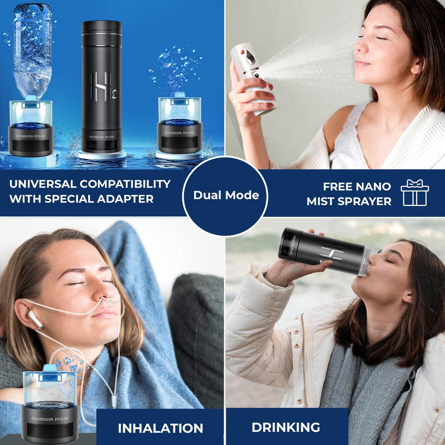 H2ORIGIN PULSE Hydrogen Water Bottle Generator, Up to 9000 PPB Hydrogen Bottle Water Ionizer with SPE/PEM Technology, 3-in-1 Portable Universal Adapter and Refreshing Mist Spray for Home Hydration