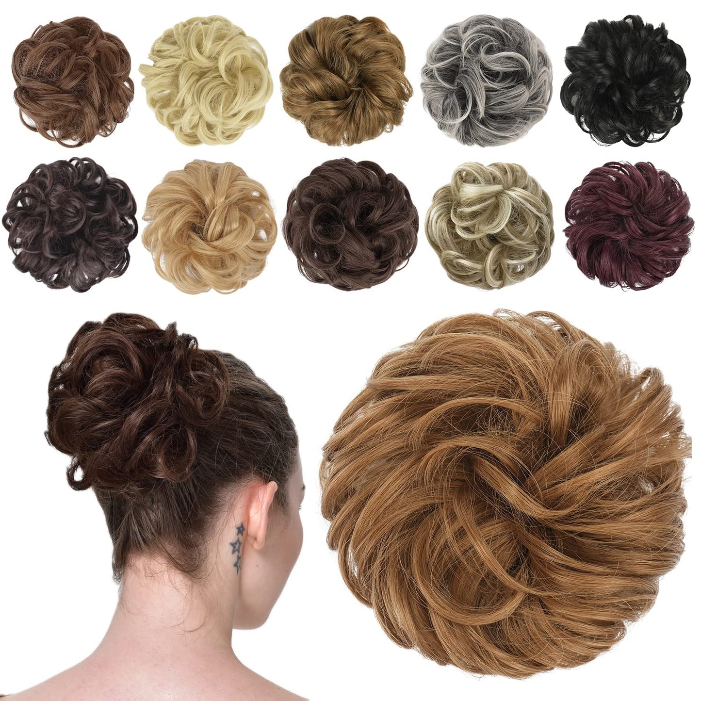 FESHFEN Messy Bun Hair Piece - Elastic Wavy Curly Hair Bun Scrunchies Extensions Synthetic Chignon Hairpieces for Women Girls, Strawberry Blonde 1 PCS