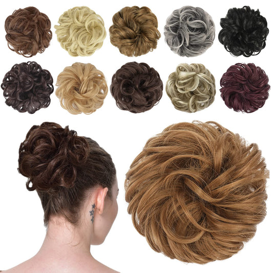 FESHFEN Messy Bun Hair Piece - Elastic Wavy Curly Hair Bun Scrunchies Extensions Synthetic Chignon Hairpieces for Women Girls, Strawberry Blonde 1 PCS