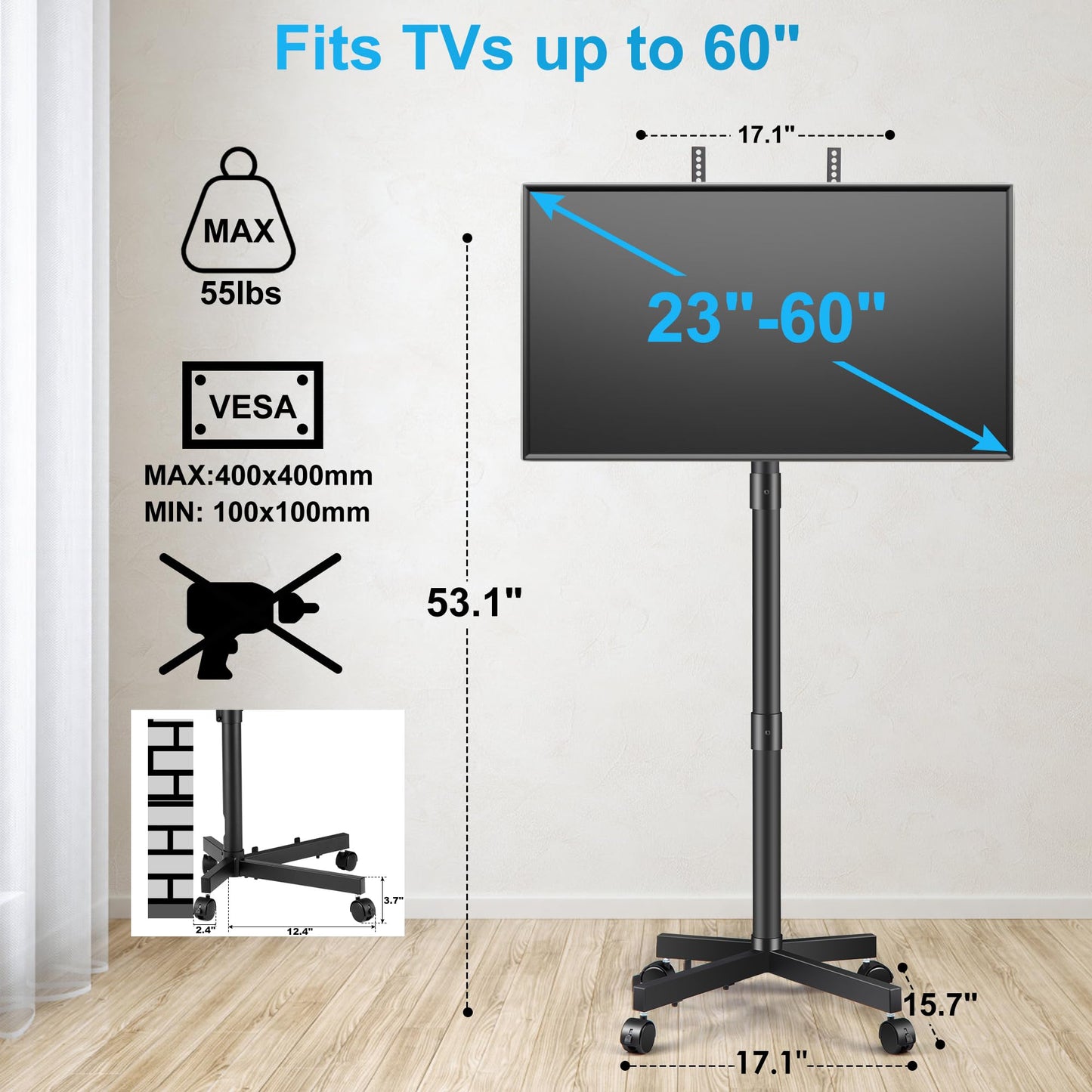 La Jaco Rolling TV Stand for 23-60 Inch LCD LED Flat Curved Panel Screens TVs, Height Adjustable Mobile TV Stand with Locking Wheels up to 55lbs, Tilting Smart TV Cart Max VESA 400x400mm