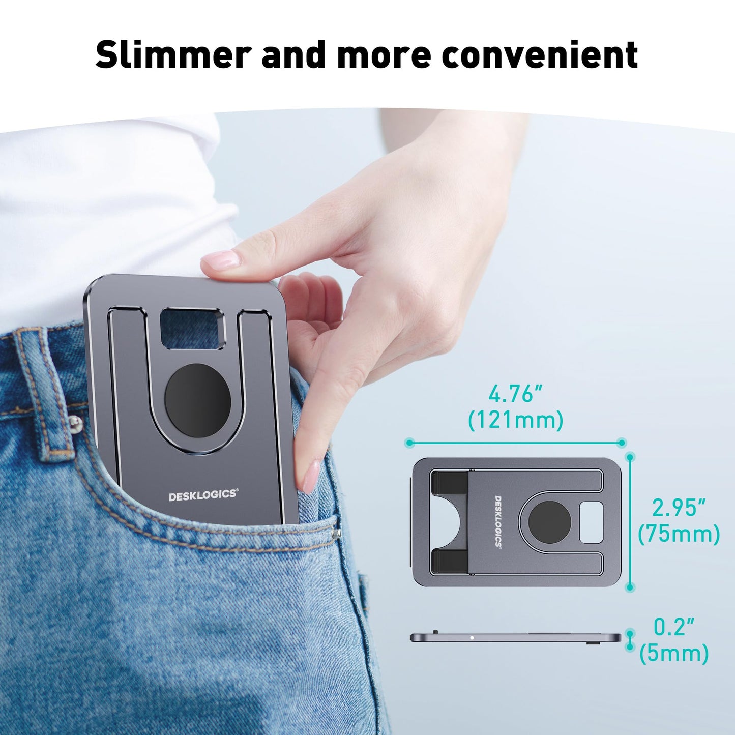 DeskLogics Portable Phone Stand for Desk, Aluminum Adjustable Cell Phone Holder, Foldable Travel Cellphone Dock Compatible with iPhone 15 14 13 Pro Max Mini, 12 11 XR 8 7 6 Plus SE (Grey)