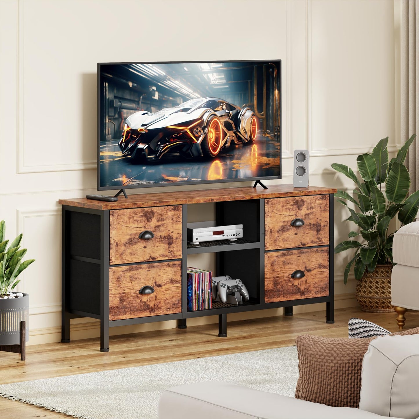 Furologee TV Stand Dresser with 4 Drawers, Television Stand with Open Shelf, Entertainment Center for 50" TV, Industrial Media Center for Bedroom, Living Room, Rustic Brown