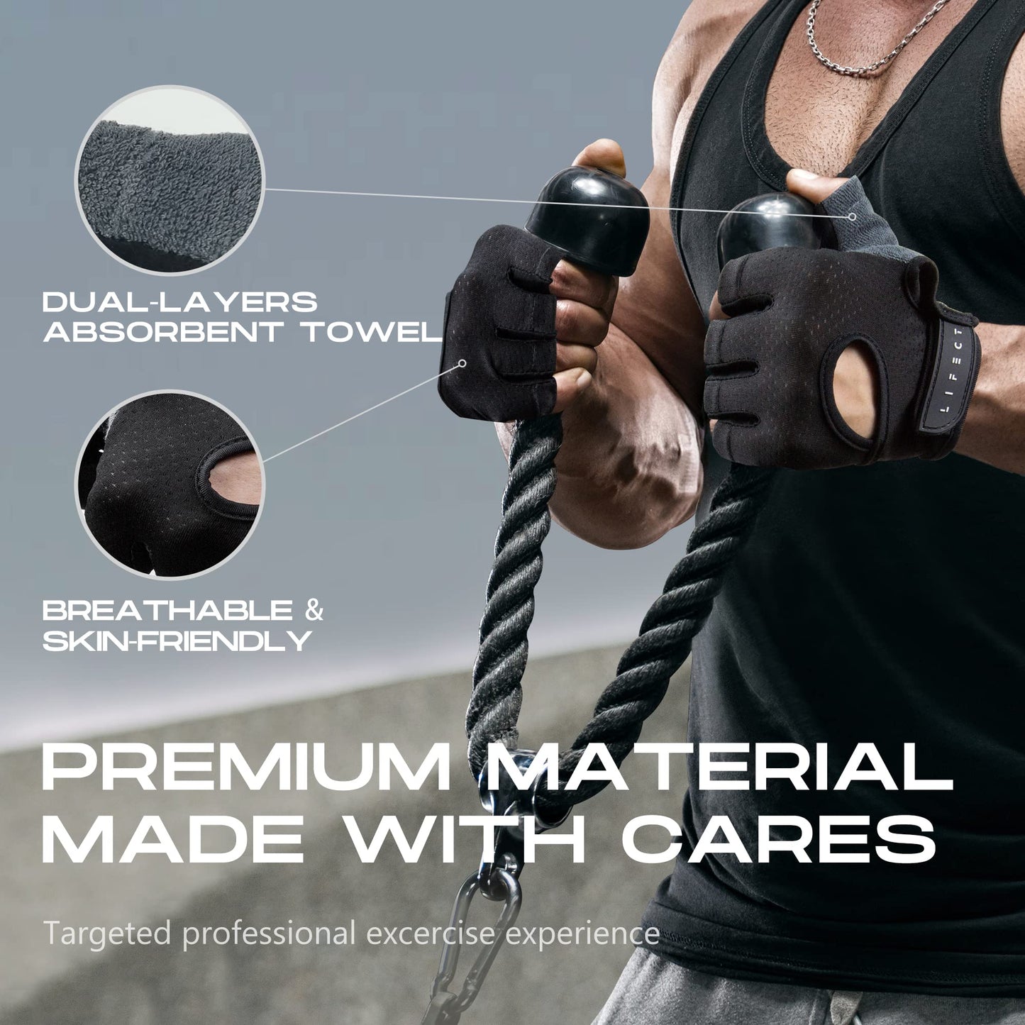 LIFECT Essential Breathable Workout Gloves, Knuckle Weight Lifting Gloves with Curved Open Back, for Powerlifting, Gym, Crossfit, Women and Men (Black, Small)