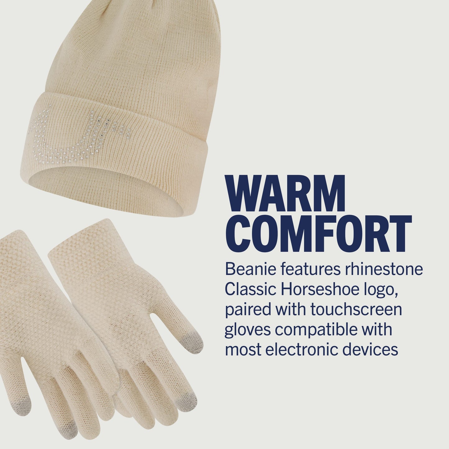 True Religion Beanie Hat and Touchscreen Glove Set, Cuffed Winter Knit Cap with Rhinestone Logo and Touch Screen Mittens, Off White, One Size