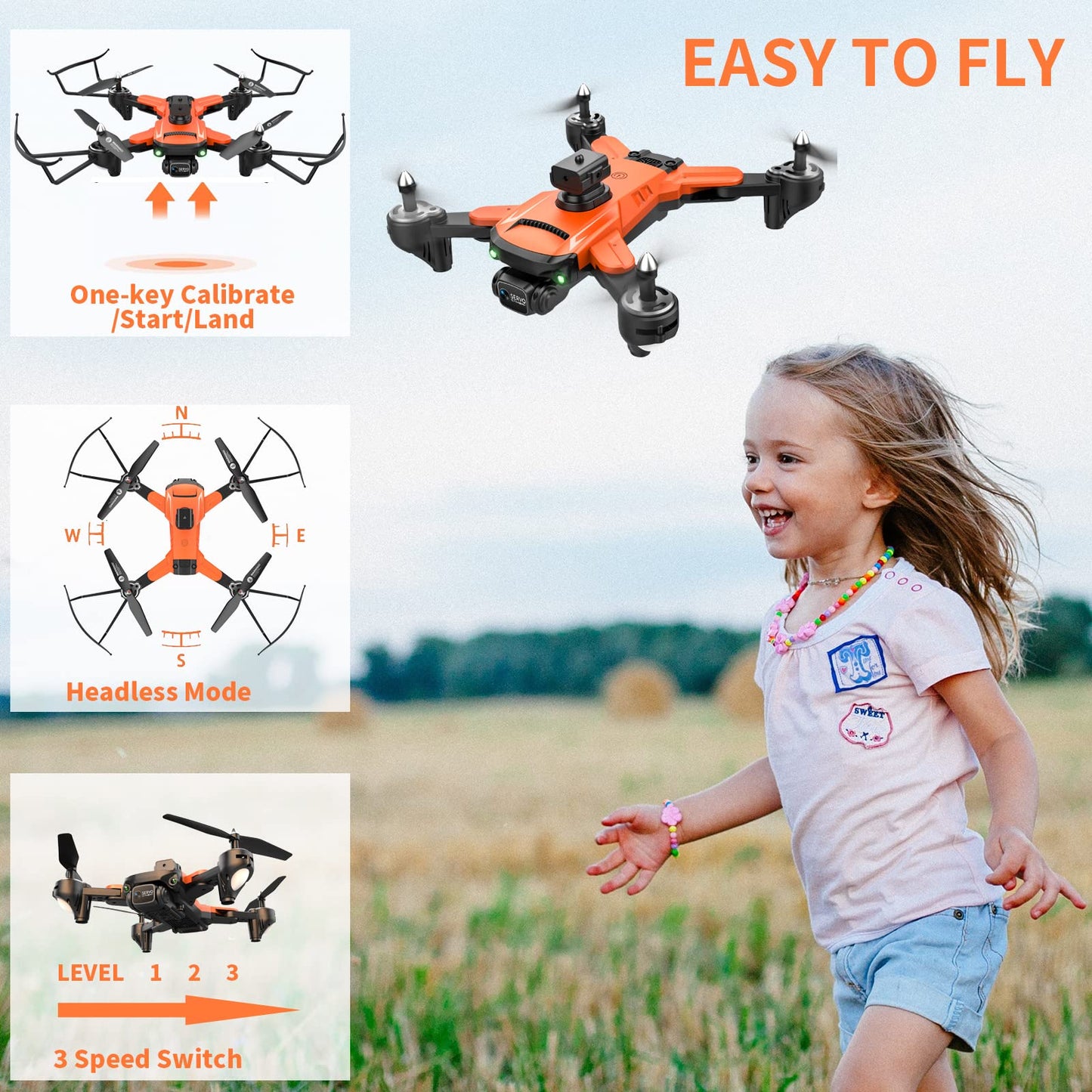 RiskOrb Drone with Camera for Kids/ Adults/Beginners, 540 Assisted Obstacle Avoidance, Optical Flow Positioning, Remote Control 1080P Double Camera, 3D Flip,Foldable FPV Video Pro Quadcopter, Toys Gift for Boys/Girls 8-12, 2 Batteries(Orange)