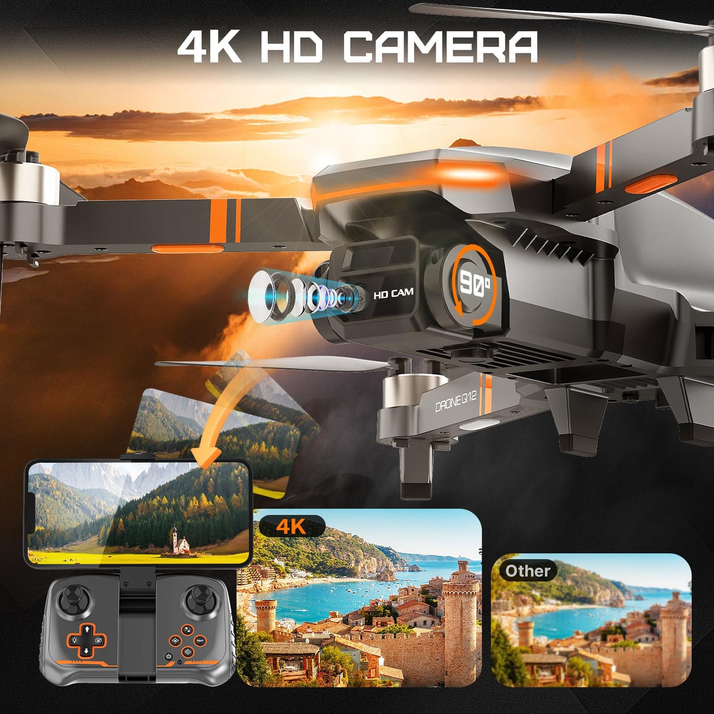 Q12 Drone with Camera 4K for Adults,Brushless Motor Drone for Kids Beginners,FPV Foldable RC Quadcopter with 2 Batteries 360° Flips,Altitude Hold,Voice Control,Headless Mode,One Key Start,Gift Toys for Men Boys,Easy to Fly,Carrying Case