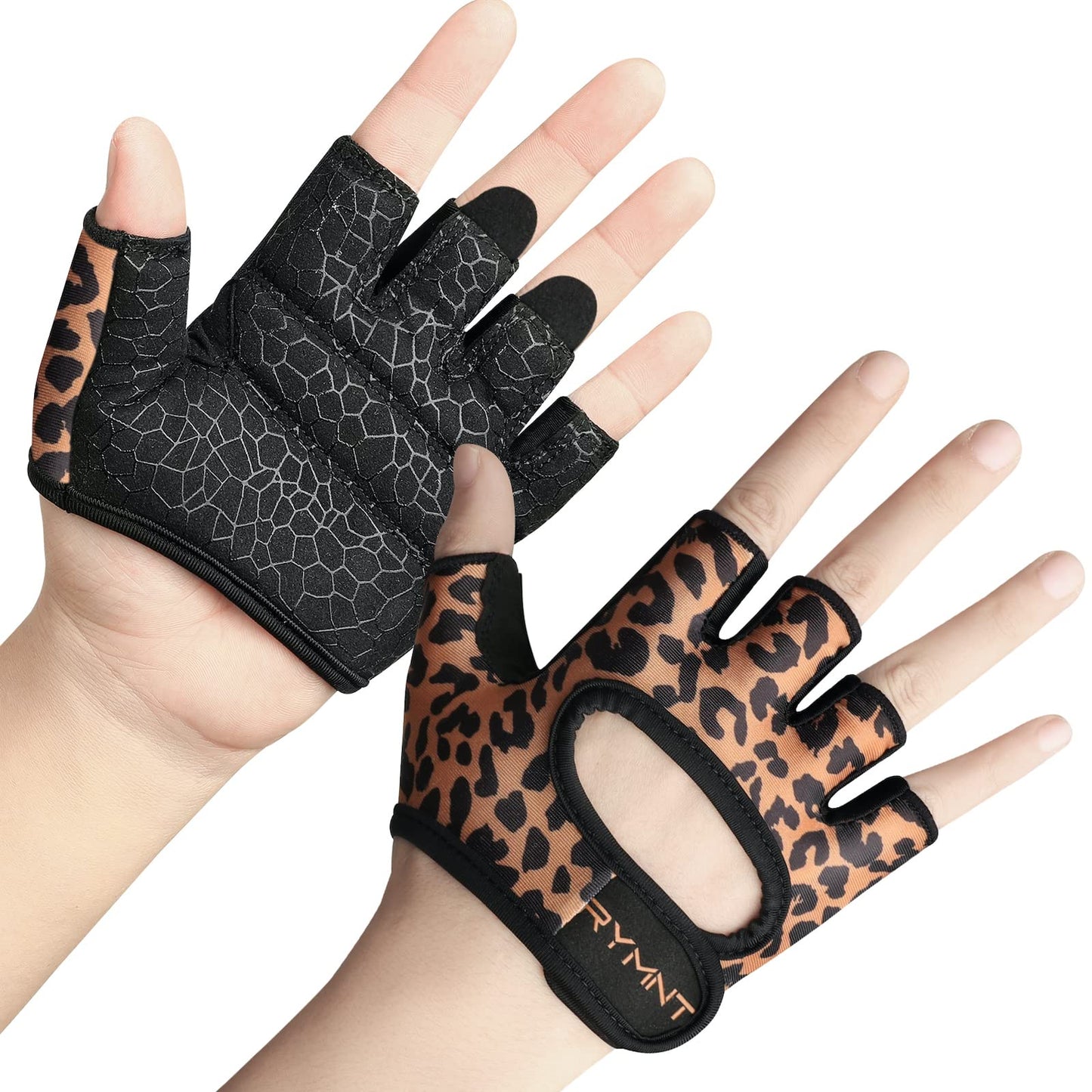 RYMNT Minimal Weight Lifting Gloves,Short Micro Workout Gloves Grip Pads with Full Palm Protection & Extra Grip for Men Women Weightlifting,Gym,Exercise Training.Leopard-Small