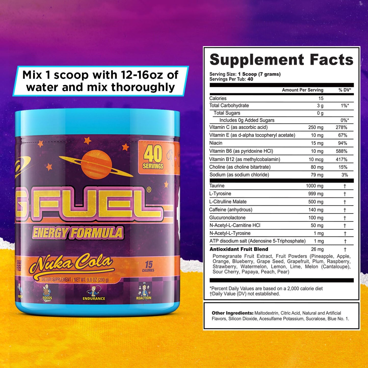 G Fuel Nuka Cola Energy Powder, Sugar Free, Clean Caffeine Focus Supplement, Water Mix, Tropical Citrus Berry Flavor, Focus Amino, Vitamin + Antioxidants Blend - 9.8 oz (40 Servings)