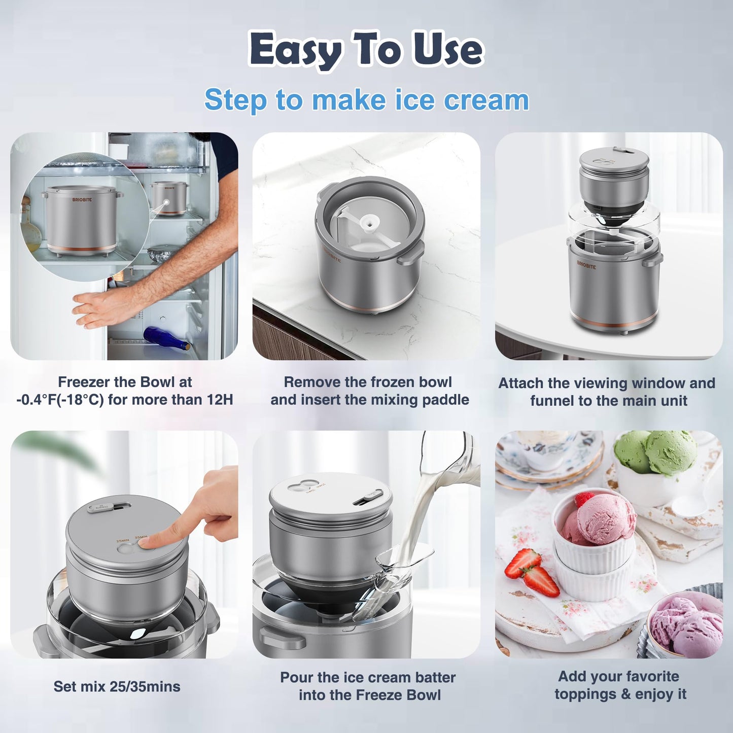 BRIOBITE 1.1 Quart Ice Cream Maker – Electric Ice Cream Machine for Gelato, Milkshakes & Sorbet, Perfect for Family, Easy to Use & Clean,Silver