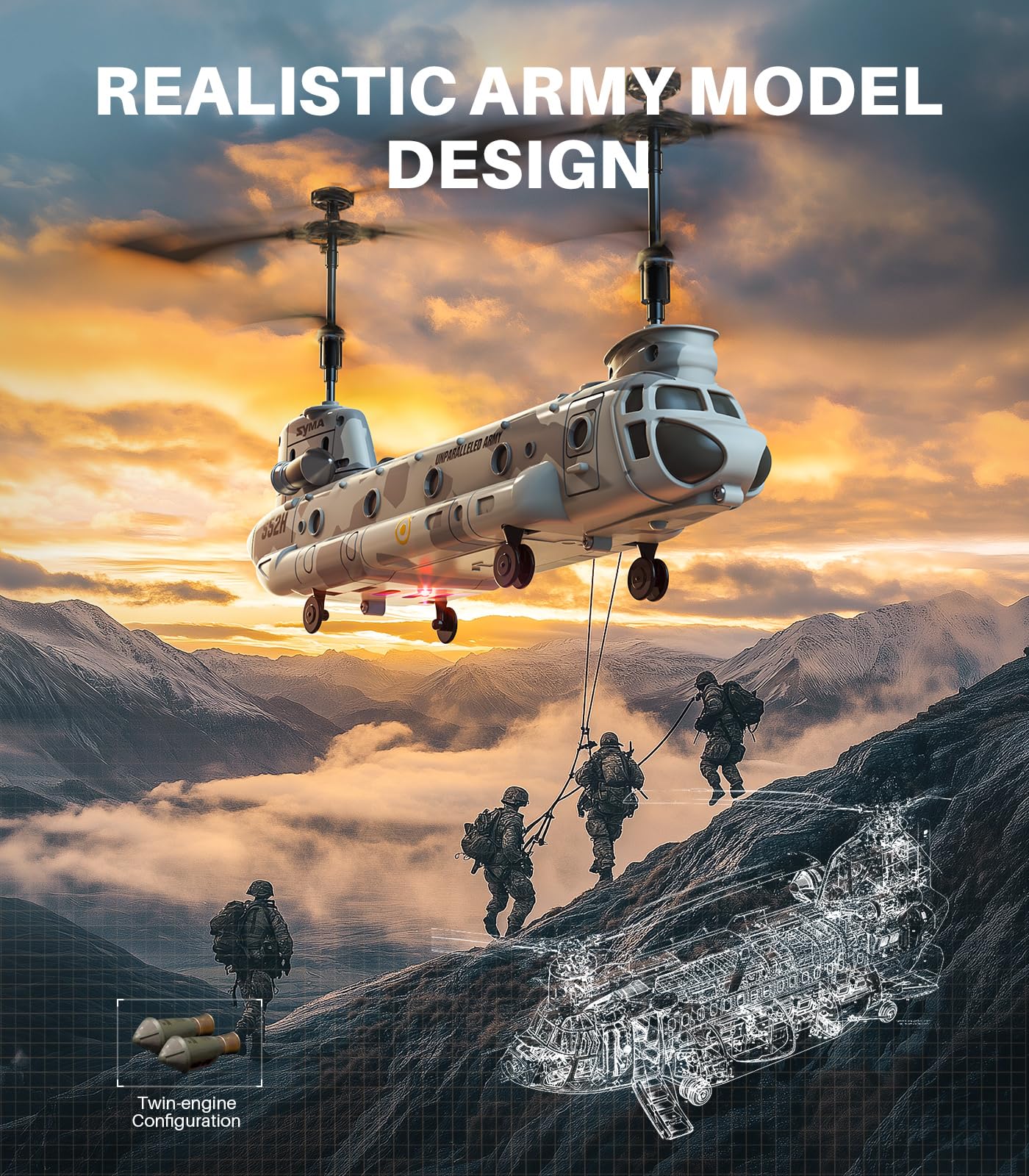 SYMA Remote Control Helicopter, S52H Military Transport RC Helicopters with Altitude Hold, One Key take Off/Landing, LED Light, Low Battery Reminder, Army Toys for Kids and Military Fans