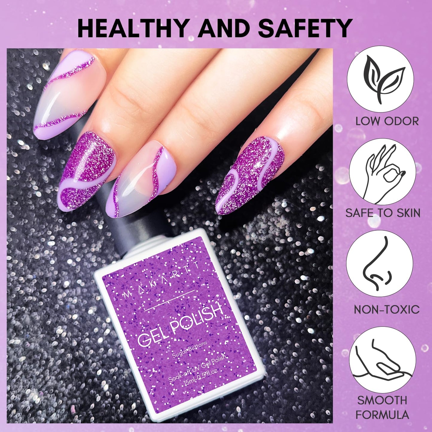 Makartt Glitter Gel Nail Polish - Flash Diamond Purple Reflective Gel, 15ml UV LED Soak Off for Nail Art Designs, DIY Home Salon Manicure, Sugar Buttons