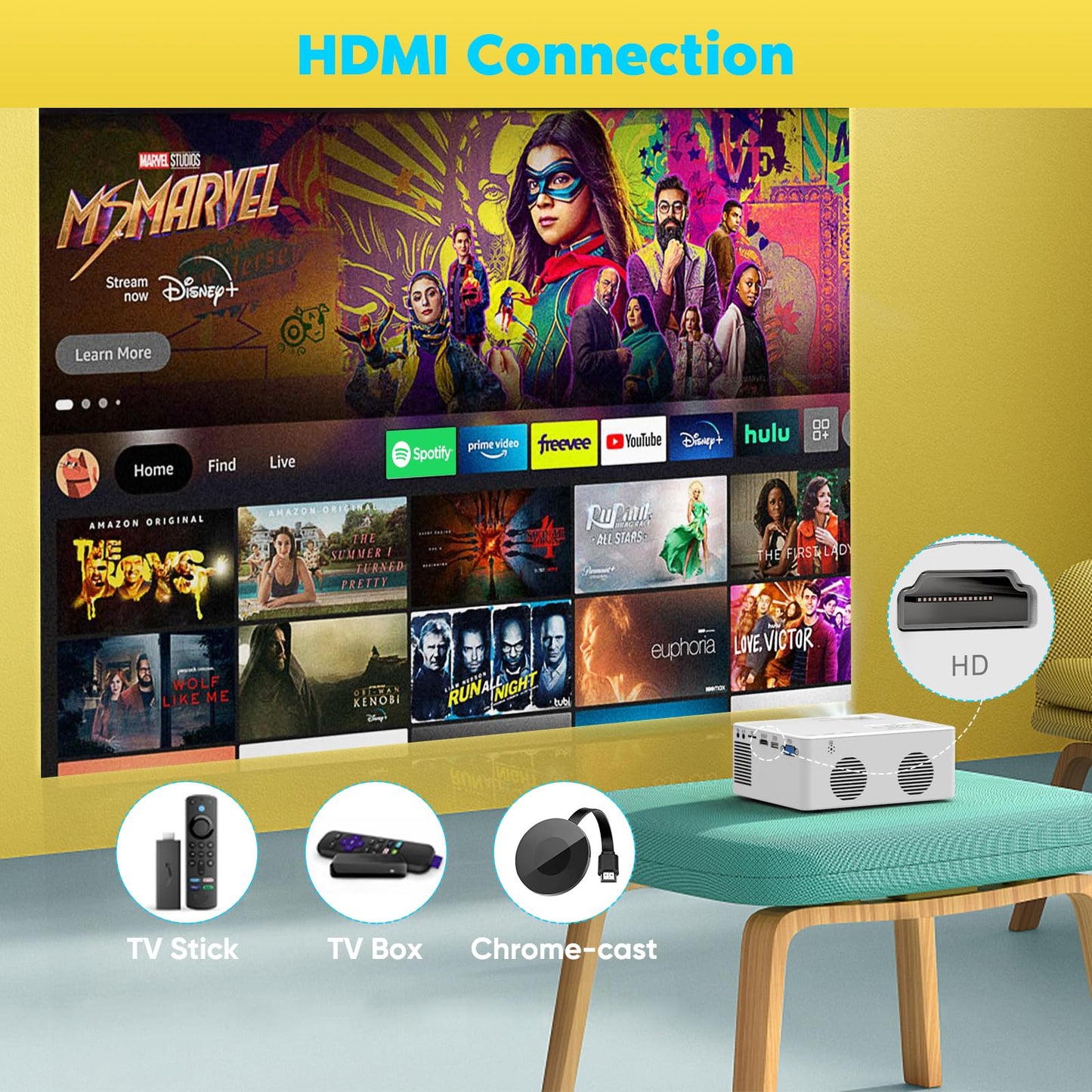 PURSHE Mini Bluetooth Projector, Full HD 1080P Supported Portable Outdoor Movie Projector for iOS, Android, Windows, Compatible with TV Stick/HDMI/Smartphone/PS4/USB [Remote Included]