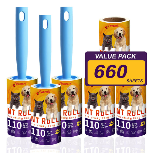 VweRerk Lint Rollers for Pet Hair Extra Sticky, 660 Sheets Value Set/6 Lint Roller Refills with 3 Durable Handles, Pet Hair Roller for Clothes, Furniture, Carpet