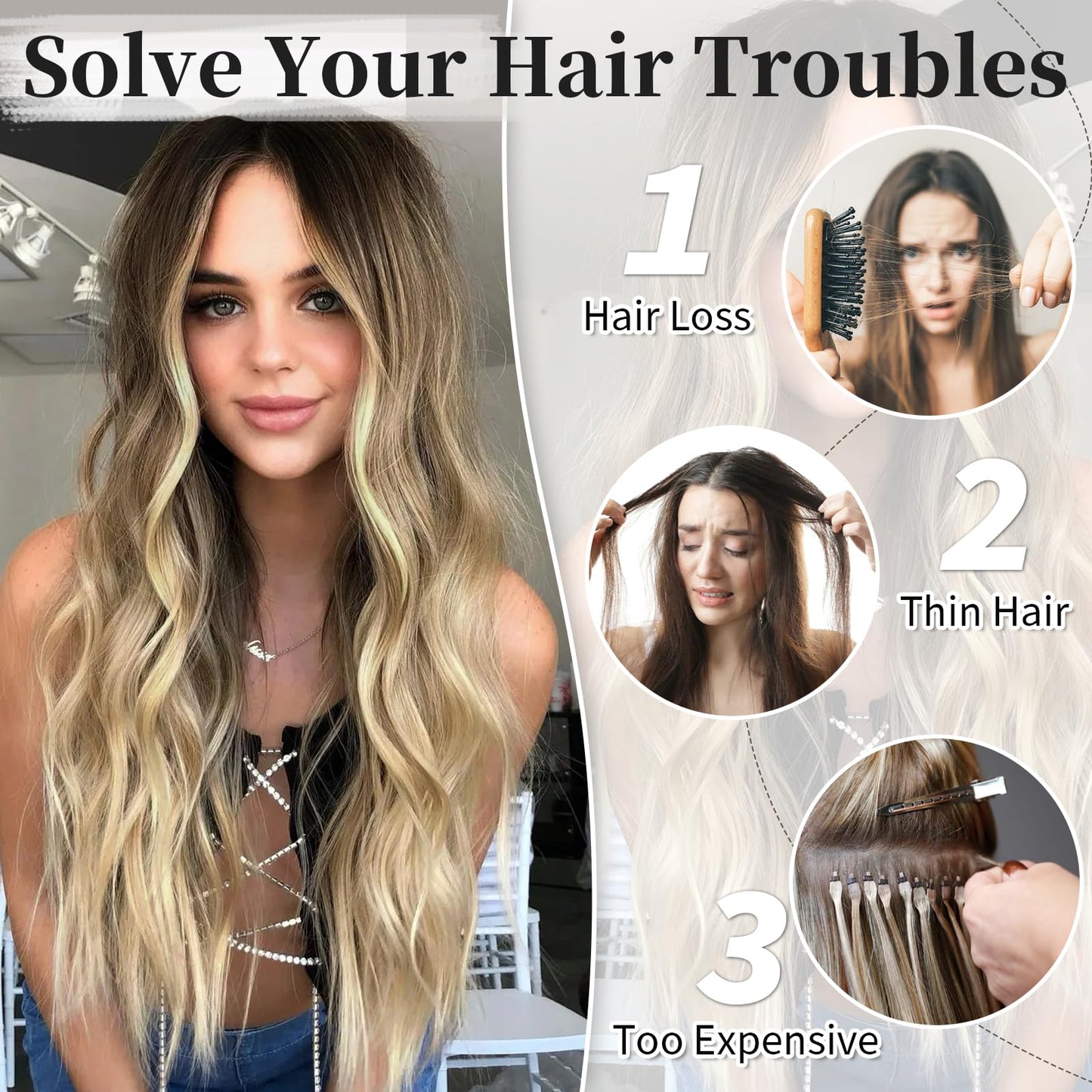 KooKaStyle Invisible Wire Hair Extensions with Transparent Wire Adjustable Size 4 Secure Clips Long Wavy Secret Hairpiece (20Inch, Medium Brown to Bleach Blonde)