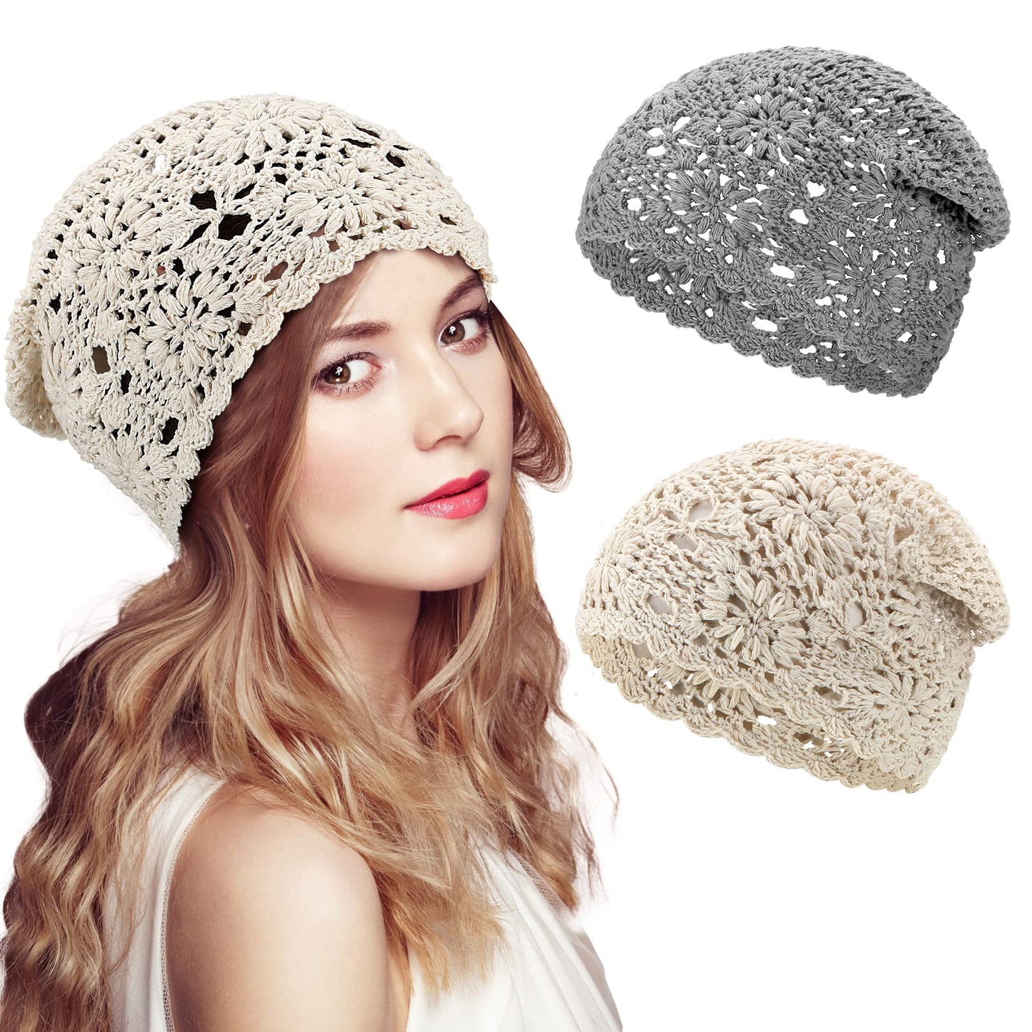 2 Pieces Floral Crochet Slouchy Beanie Hat Handmade Knit Cutout Women Floral Skull Cap Stretchy Knitted Crochet Hat for Women (Beige, Gray)