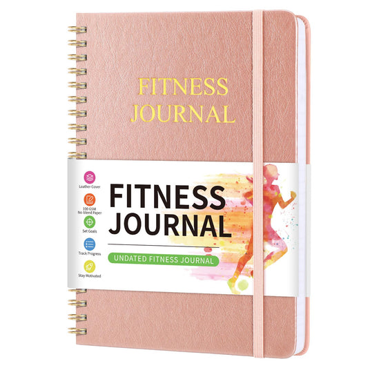 Fitness Journal Workout Journal for Women & Men, Hard Cover Leather Fitness Planner, Workout Log Book With Gym Goals, Calendar, Progress Tracker, A5-5.7" x 8.3" - Rose Gold