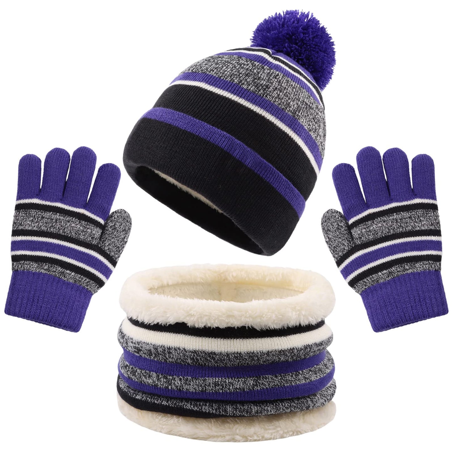 Winter Kids Hat Scarf Glove Set Knit Fleece Lined Beanie Neck Warmer Mittens for Toddler Boys Girls 3-8 Years(Deep Purple)