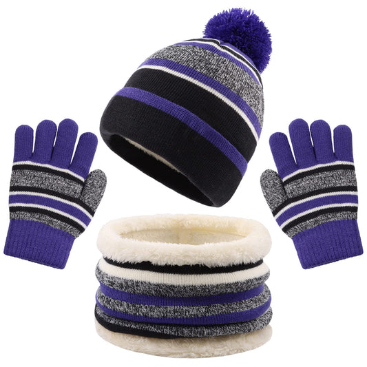 Winter Kids Hat Scarf Glove Set Knit Fleece Lined Beanie Neck Warmer Mittens for Toddler Boys Girls 3-8 Years(Deep Purple)