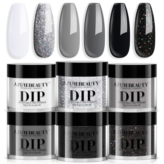 AZUREBEAUTY Dip Powder Nail Basic Set White Black Silver Grey Pure Sparkle 6 Colors All Seasons Dipping Powder Starter Kit French Nail Art Manicure DIY Salon for Women, No Need Nail Lamp Cured