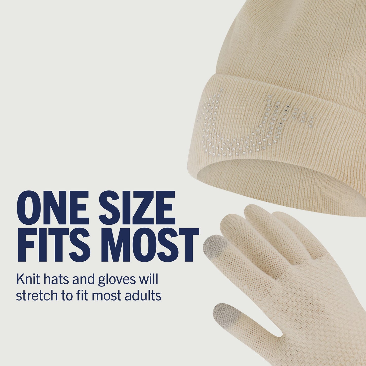 True Religion Beanie Hat and Touchscreen Glove Set, Cuffed Winter Knit Cap with Rhinestone Logo and Touch Screen Mittens, Off White, One Size