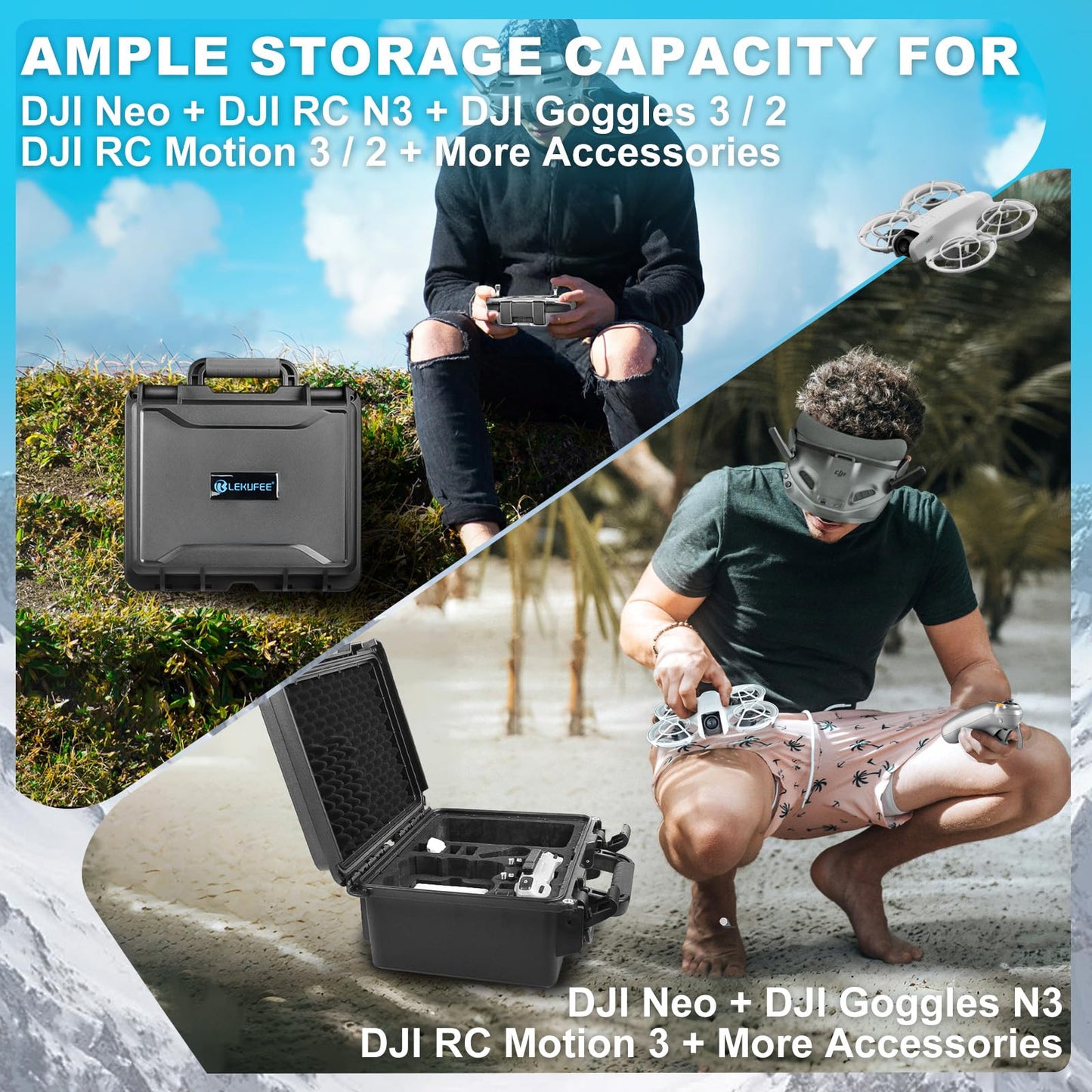 Lekufee Waterproof Hard Carrying Case for DJI Neo Drone, Neo Motion Fly More Combo, Goggles N3/3/2/Integra, RC 2/N3/N2/Motion 3/2 and Accessories (Case Only)