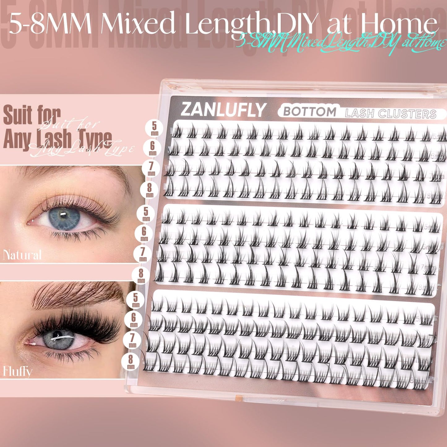ZANLUFLY Natural Lower Lashes DIY Cluster Eyelash Extension - Wispy Bottom Lash Clusters 5-8MM, 3 Styles