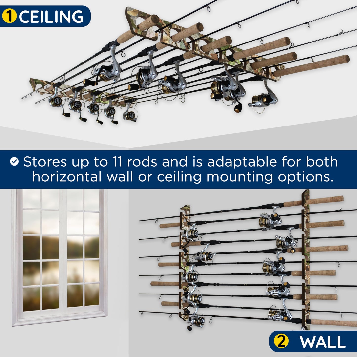 Rush Creek Creations | Fishing Rod Holder for 11 Rods, Fishing Pole Holder for Garage Organization and Wall Storage, for Fishing Gear and Fishing Accessories (Vertical Fishing Rod Rack)
