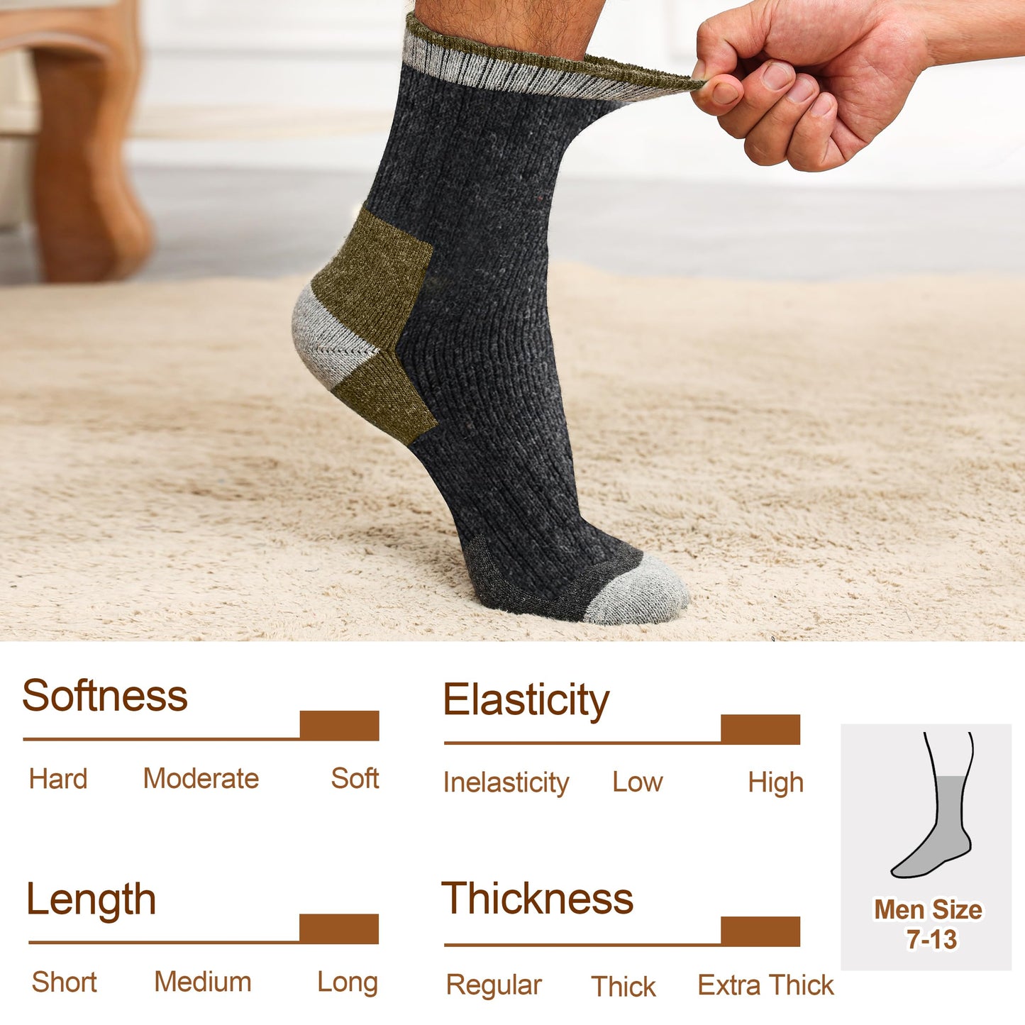FRESBEIT 5 Pairs Wool Socks Mens Extra Thick Merino Winter Warm Thermal Socks for Men Fashion Crew Mens Socks Size 7-13