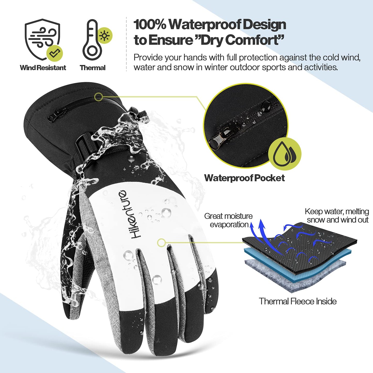 Hikenture Ski Gloves for Men Women-3M Thinsulate Snow Gloves Waterproof Insulated -Winter Snowboarding Gloves,Warm Touchscreen Snowmobile Gloves(Grey XL)