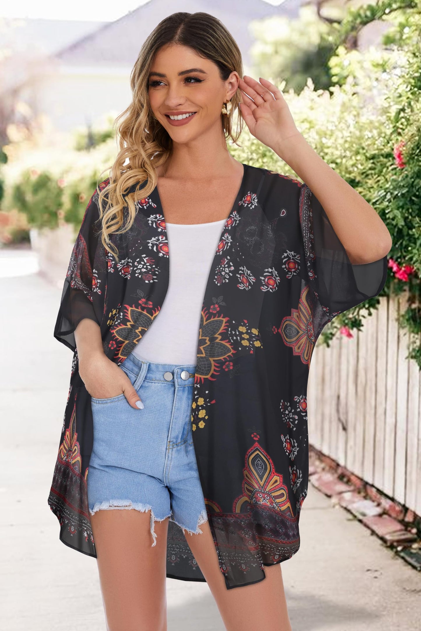 Womens Kimonos Beach Cover Up Chiffon Cardigan Floral Blouse Loose Fit Cape Top Summer Resortwear(Orange Black,M)