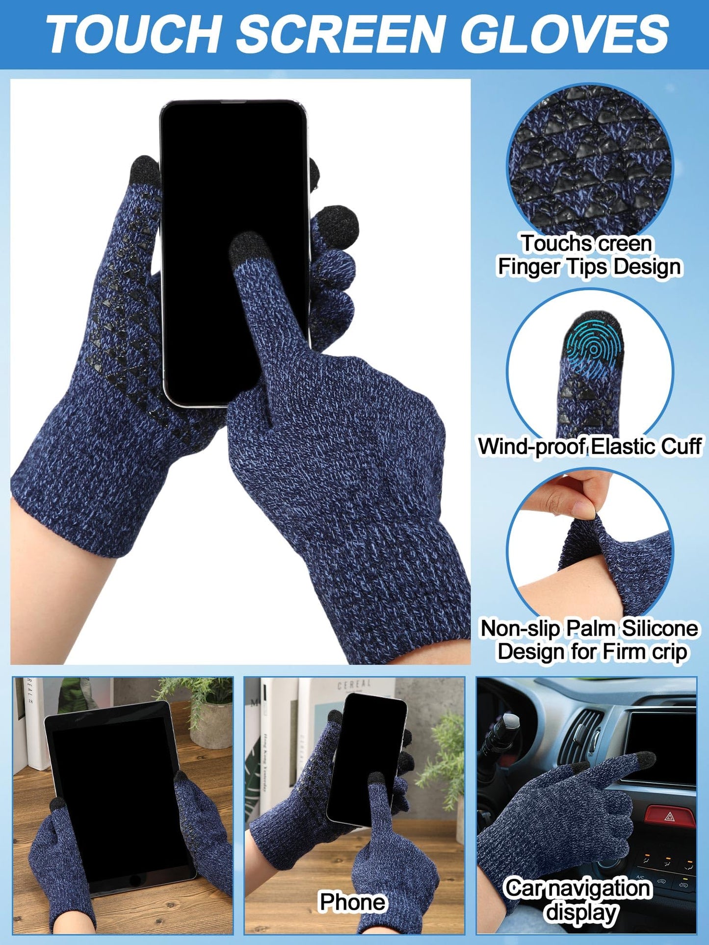 Cuffbow 5 Pcs Winter Beanie Hat Socks Wallet Touchscreen Gloves Set Gift Box for Men Women Cold Weather Birthday Presents(Blue)