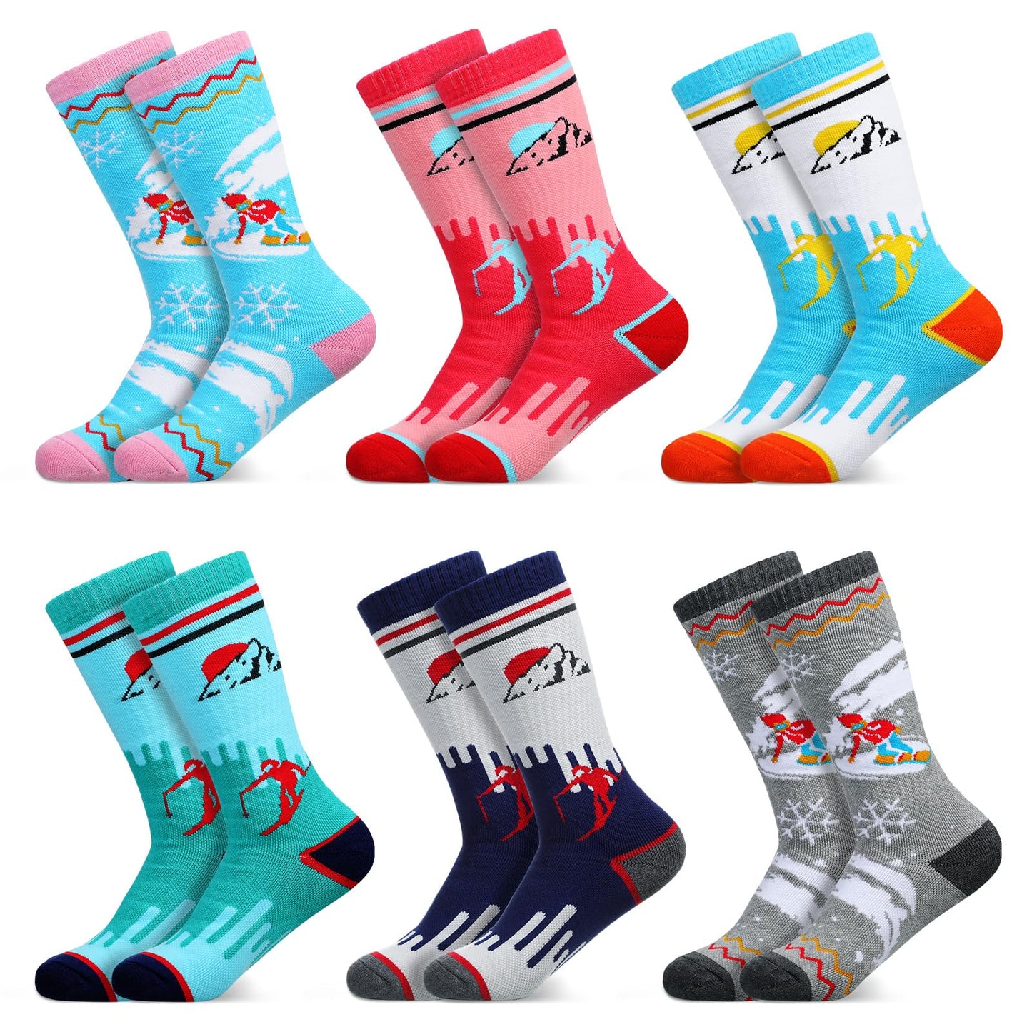 6 Pairs Kids Ski Socks Long Knee Length Snow Socks, Warm Winter Thermal Snowboard Socks for 7 to 12 Years Old Children Girls Boys Cold Weather Indoor Outdoor Activities