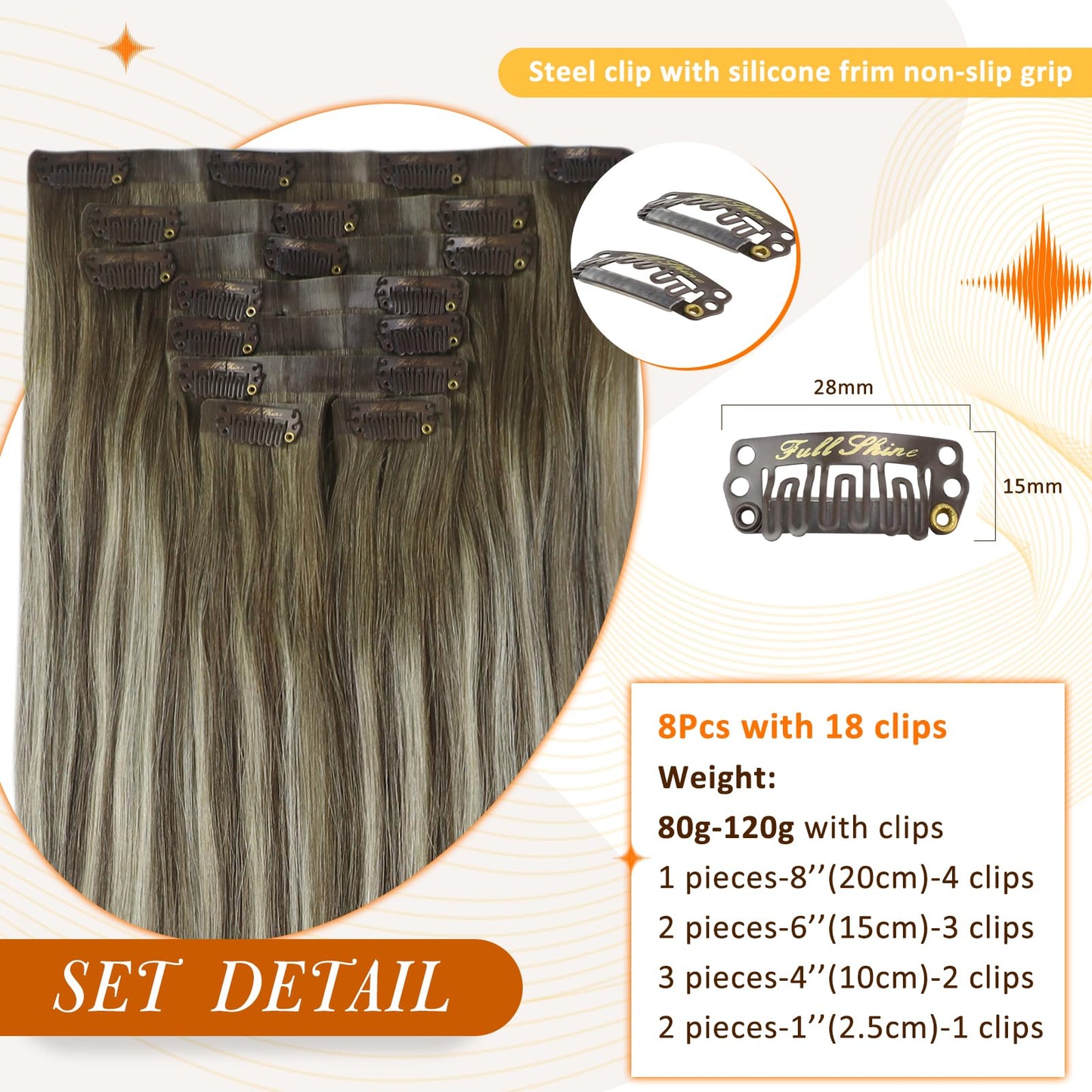 Full Shine Short Hair Extensions Clip ins Brown Ombre Clip in Human Hair Extensions With PU Weft Ash Brown Balayage Cool Blonde Remy Hair Extensions for Women Brazilian Hair 12 Inch 8 Pcs 95 G