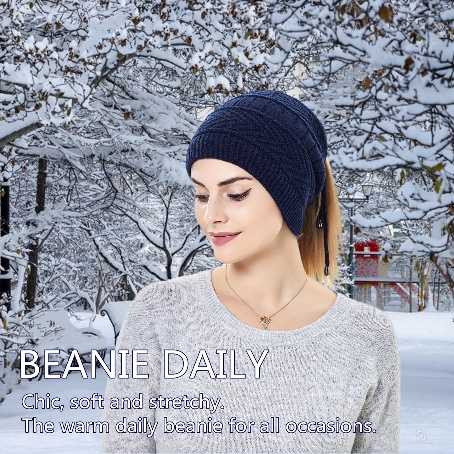 Windproof Warmer Winter Hat with Ponytail Hole,Adjustable Rope Ponytail Hat, Neck Gaiters Scarf Beanie for Women Men (Navy Blue)