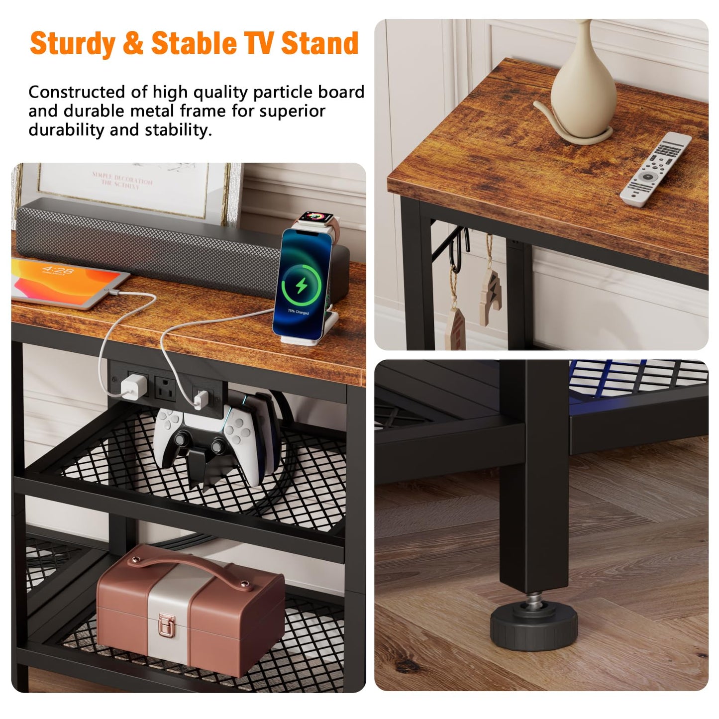 Furologee TV Stand with Power Outlets, Entertainment Center with Open Storage Shelves for TVs up to 55 Inch, Media Console Table with Soundbar Shelf for Living Room, Bedroom, Rustic Brown