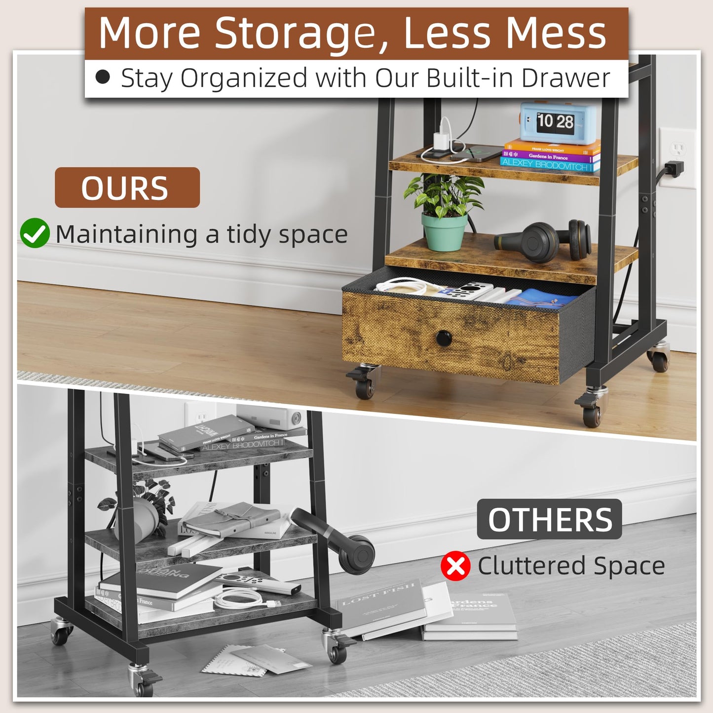 Rolling TV Stand with Wheels and Mount & Fabric Drawer - Entertainment Center with Power Outlet and Small TV Stand for Bedroom, Living Room - 15" Rustic Brown