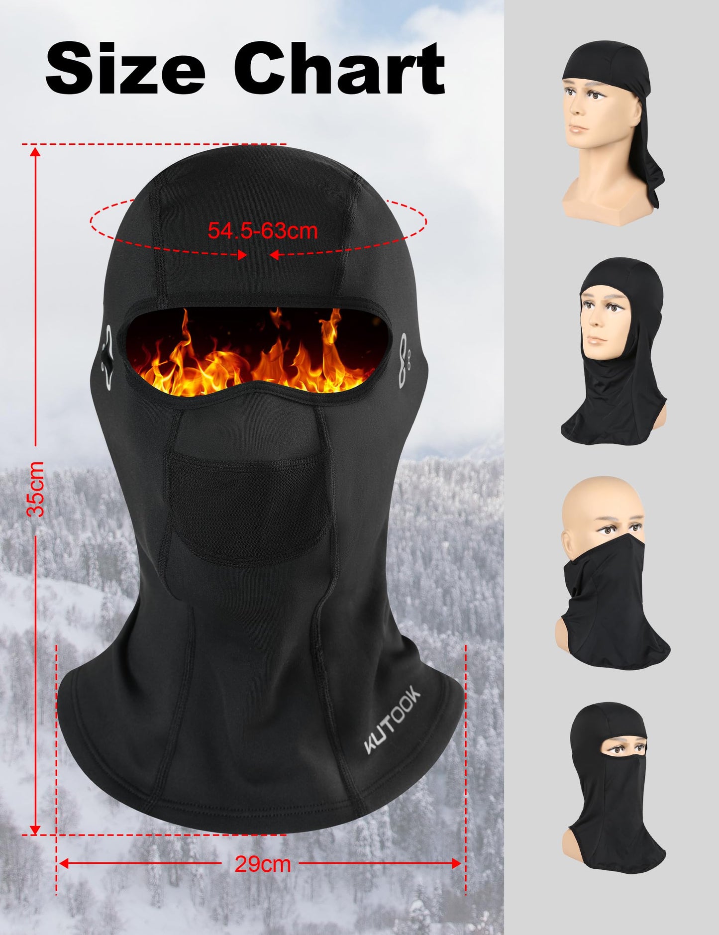KUTOOK Black Balaclava Ski Mask Men Women Winter Motorcycle Football Full Head Face Mask Cold Weather Pasa Montañas para Hombre Black