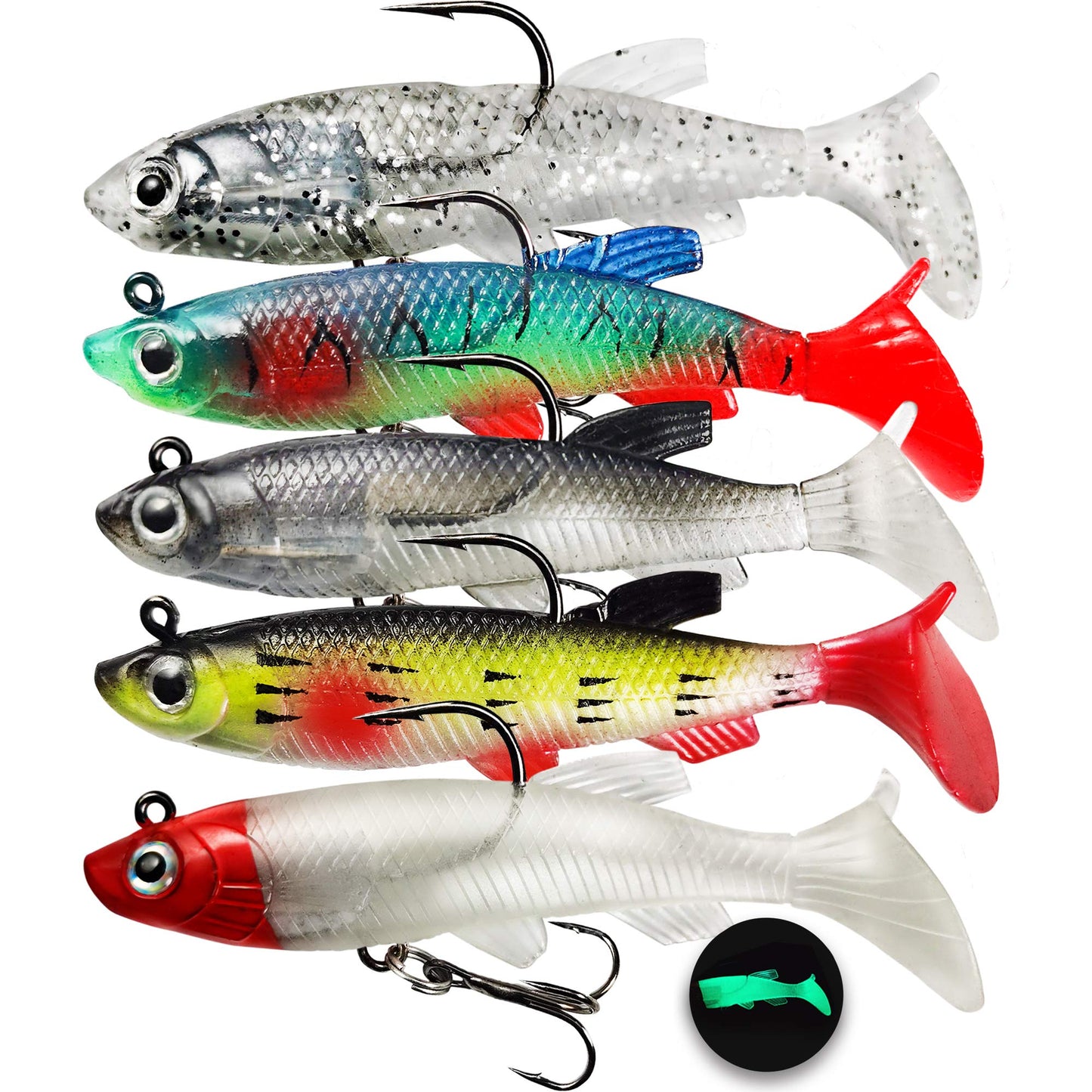 Fishing Lures for Bass, VMSIXVM Fishing Jig Head Swim Shad Lure, Soft Plastic Swimbaits with Paddle Tail, Trout Bass Sinking Baits Kit for Saltwater/Freshwater, Fishing Gear and Fishing Gifts