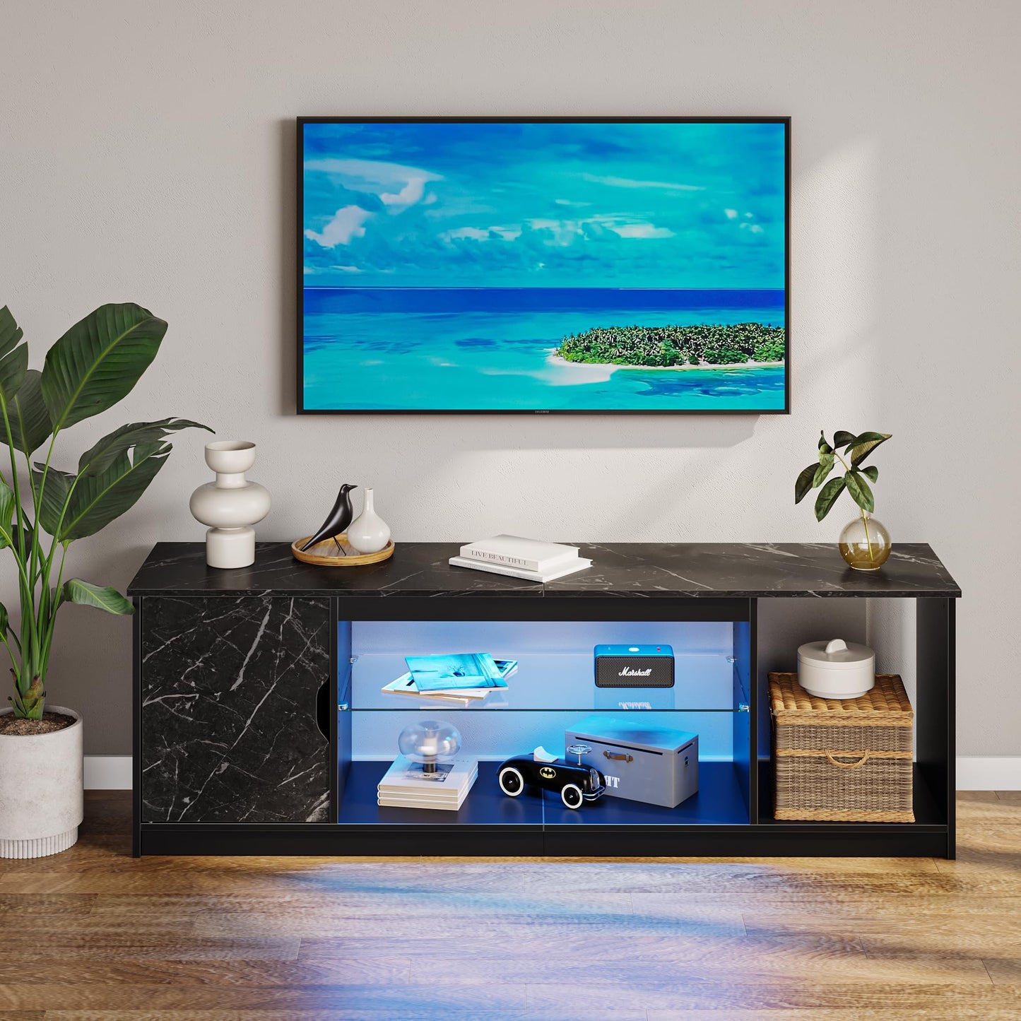 Bestier 57" Gaming LED TV Stand for 55/65 inch TV, Media TV Cabinet for PS5/Xbox Storage, Modern Entertainment Center for Living Room, Adjustable Glass Shelves, Black Marble