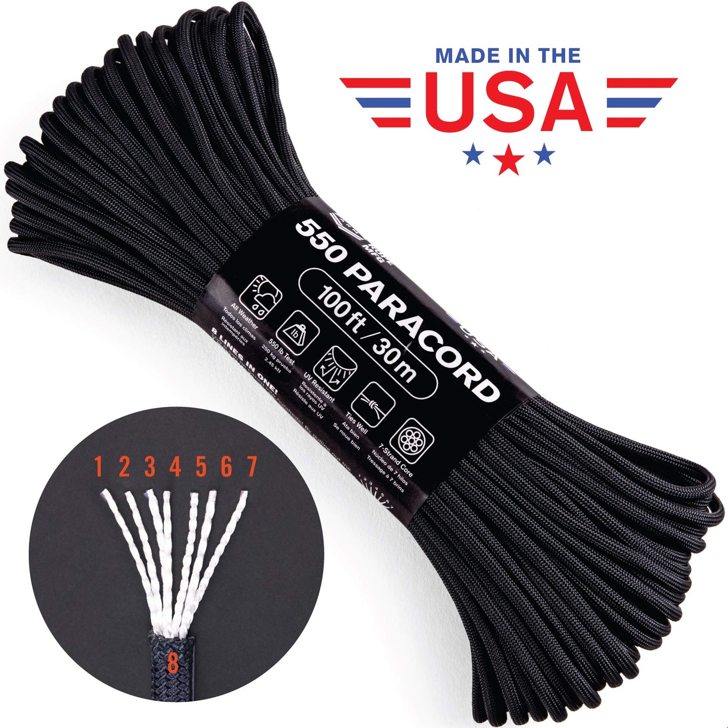 Atwood Rope MFG 550 Paracord 100 Feet 7-Strand Core Nylon Parachute Cord Outside Survival Gear Made in USA | Lanyards, Bracelets, Handle Wraps, Keychain (Abyss)