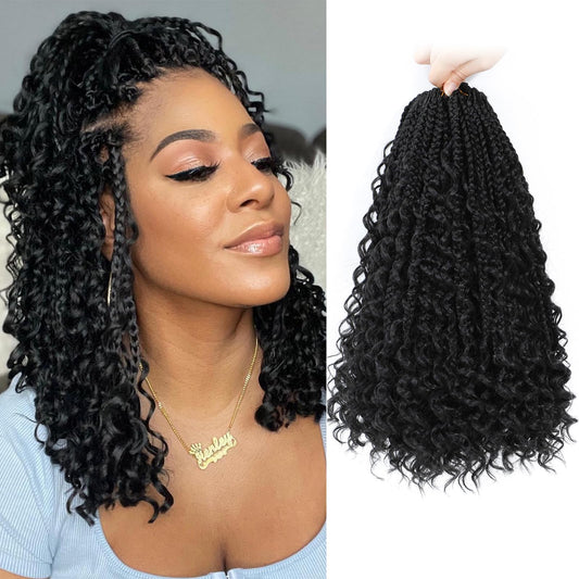Yewell 14 Inch Goddess Box Braids Crochet Hair Curly Ends 9 Packs Pre Looped Boho Crochet Box Braids Bohemian Box Braid Crochet Hair For Black Women (14Inch 9 Packs,1B)