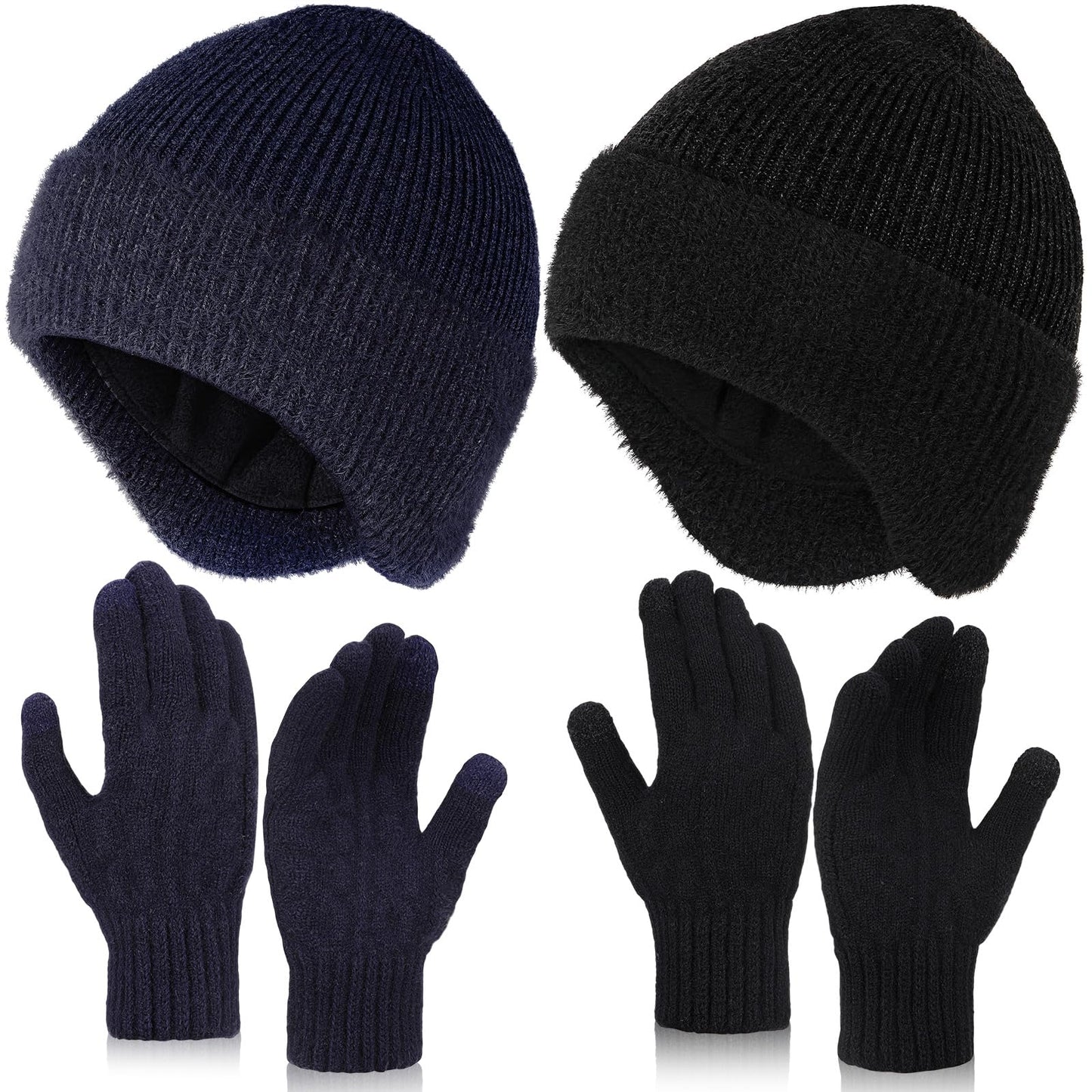Jeere 4 Pcs Winter Beanie Hat with Earflap Gloves for Men Women Soft Warm Beanie Hat Gloves Set Knit Gloves Beanie Cap Set(Dark Grey, Dark Blue)
