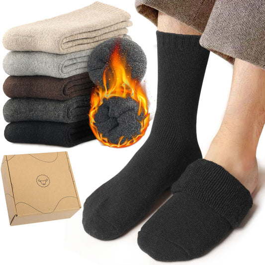 Toes Home Mens Socks for Winter, Warm Crew Wool Thermal Thick Hiking Boot Socks for Valentines Day Cozy Soft Heated for Cold Weather 5 Pairs Black
