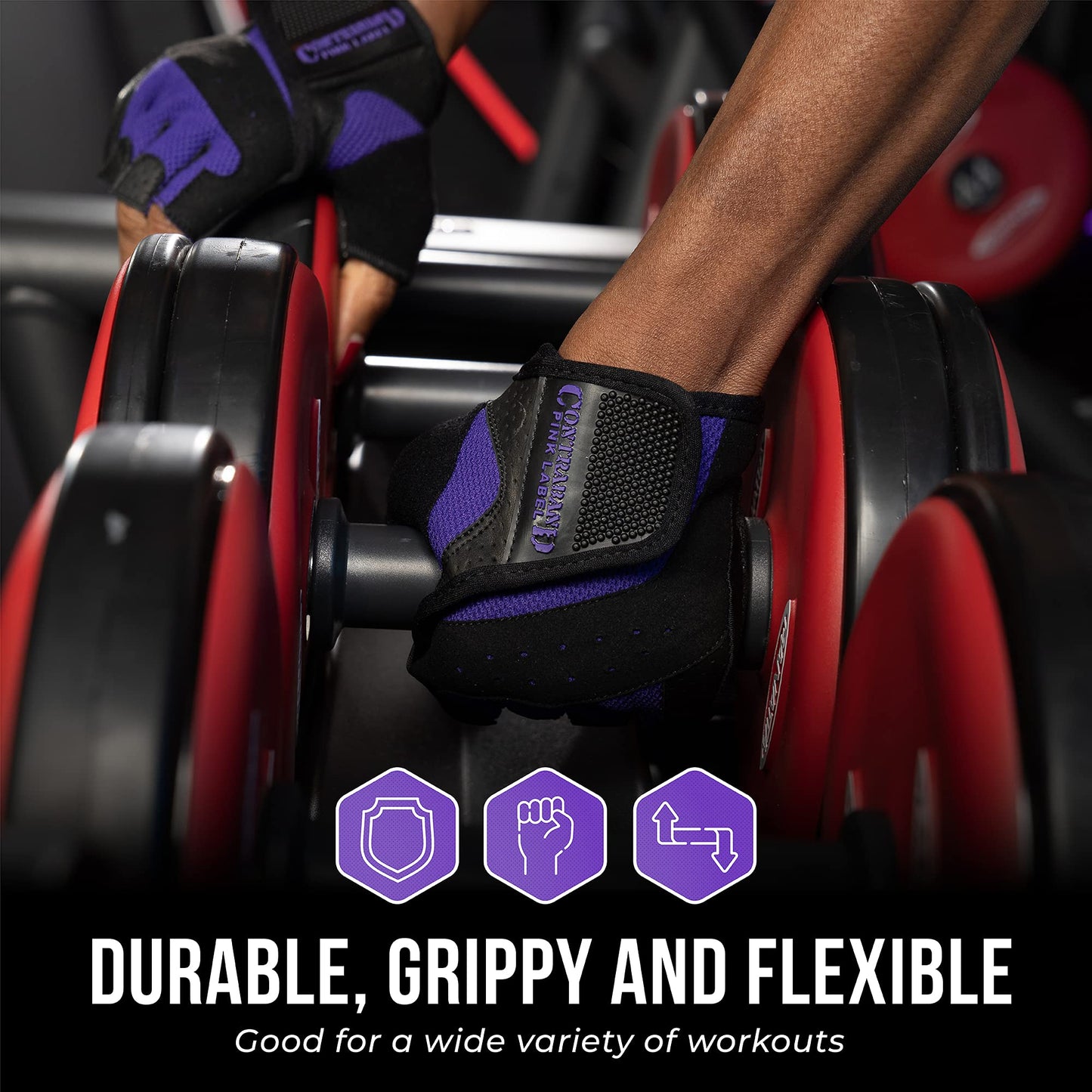 Contraband Pink Label 5137 Women's Padded Weight Lifting and Rowing Gloves w/Grip-Lock Padding (Pair) - Machine Washable Fingerless Workout Gloves Designed Specifically for Women (Purple, X-Small)