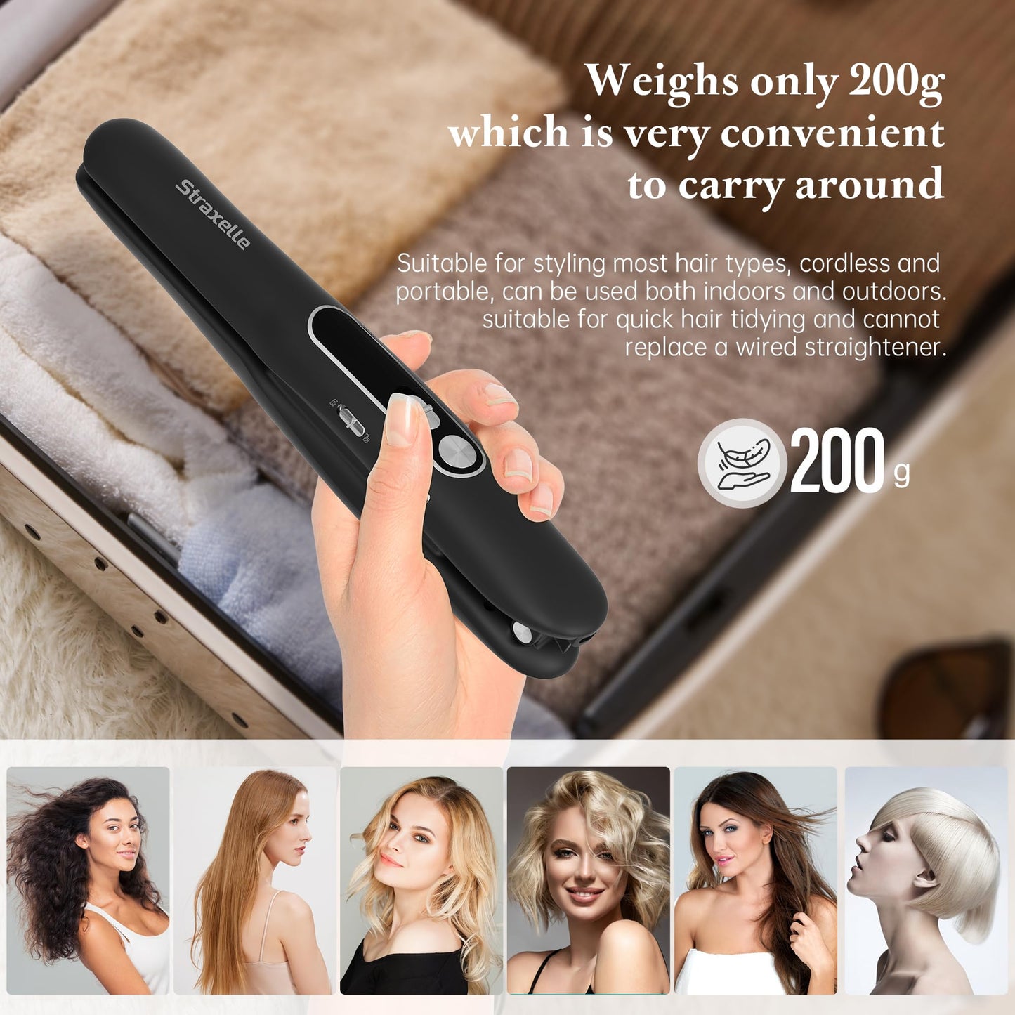 Cordless Hair Straightener and Curler 2 in 1, Portable Mini Flat Iron Adjustable 350°F-420°F Mini Travel Hair Straightener LED Display/5000mAh Ceramic Flat iron hair straightener for Women Men (Black)