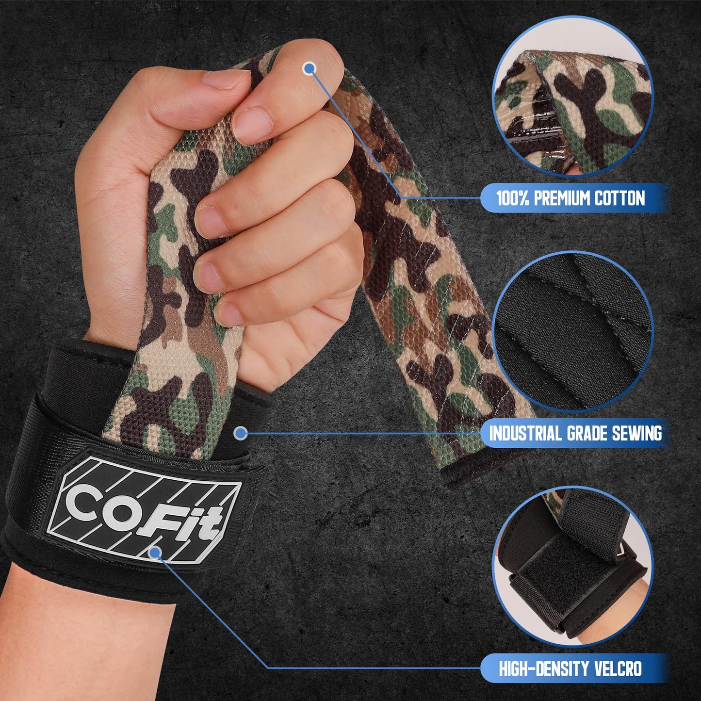 COFIT Workout Lifting Straps, Heavy Duty Weightlifting Wrist Straps with Extensive Cotton Padding Area, Enhanced Grip for Deadlifts, Powerlifting, Pull-Ups, Strength Training - Camouflage Green