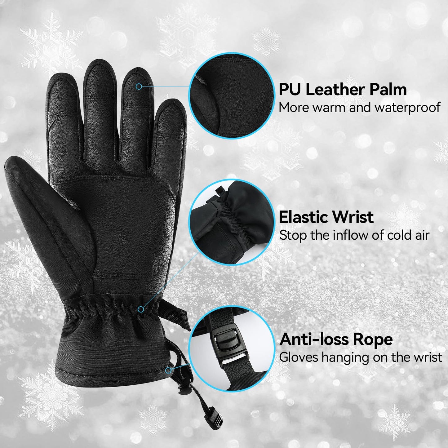 Glofit Winter Gloves PU Leather Palm Warm Windproof Water-Resistant Men Women - Thermal Gloves Cold Weather for Motorcycle Cycling Skiing Running Outdoor Working