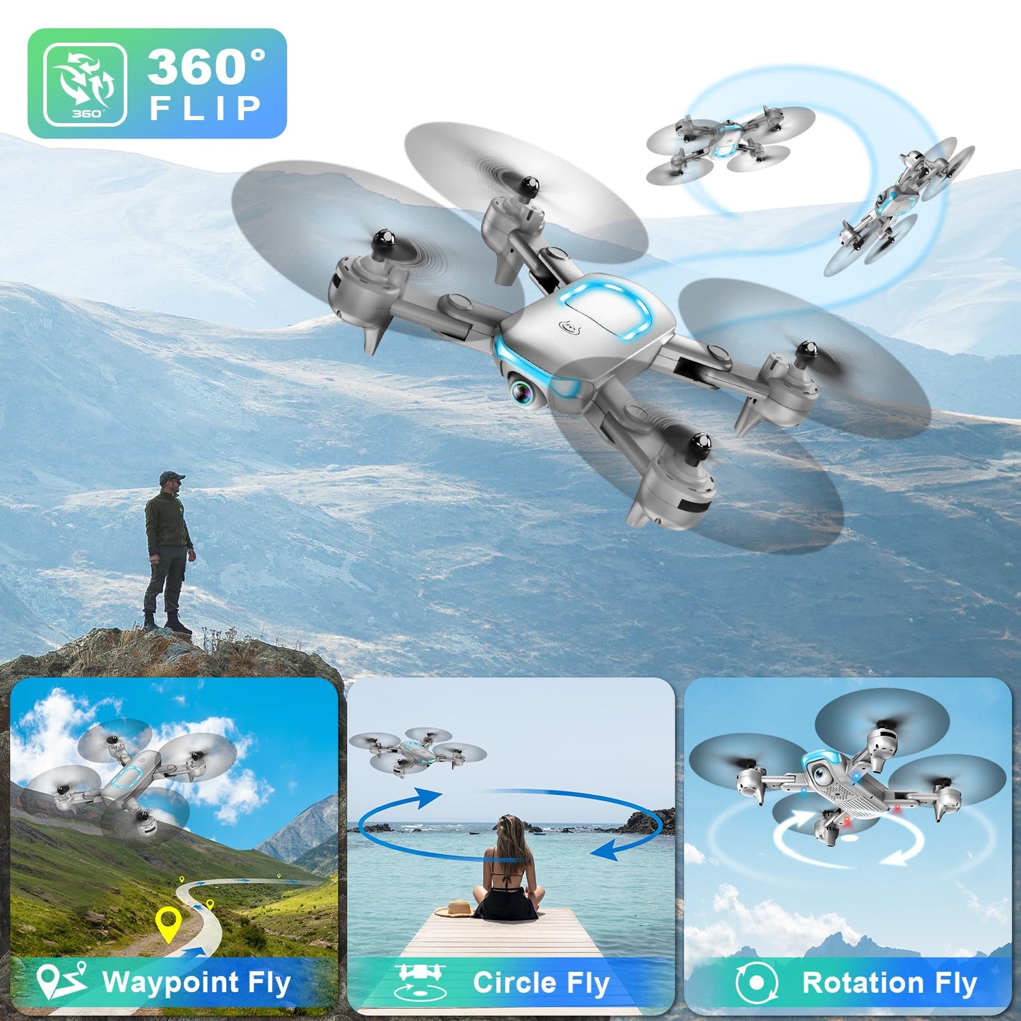 Drone with Camera - Foldable Drone for Begniners with 1080P FPV Camera, Upgrade Altitude Hold, Gestures Selfie, Waypoint Fly, Headless Mode, 3D Flip, One Key Start, 3 Speed Mode, Circle Fly, 2 Batteries