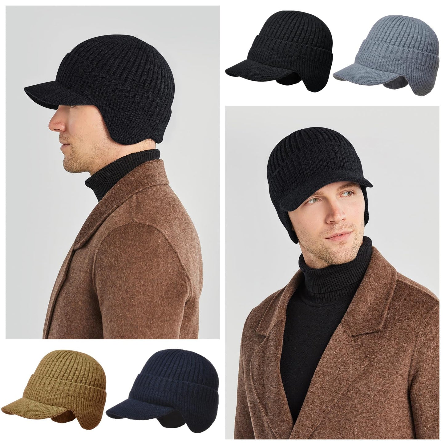 AkiiGer Men's Winter Hat with Brim 2 Pack, Warm Earflaps Hat for Men, Thick Fleece Lined Knit Beanie Outdoor